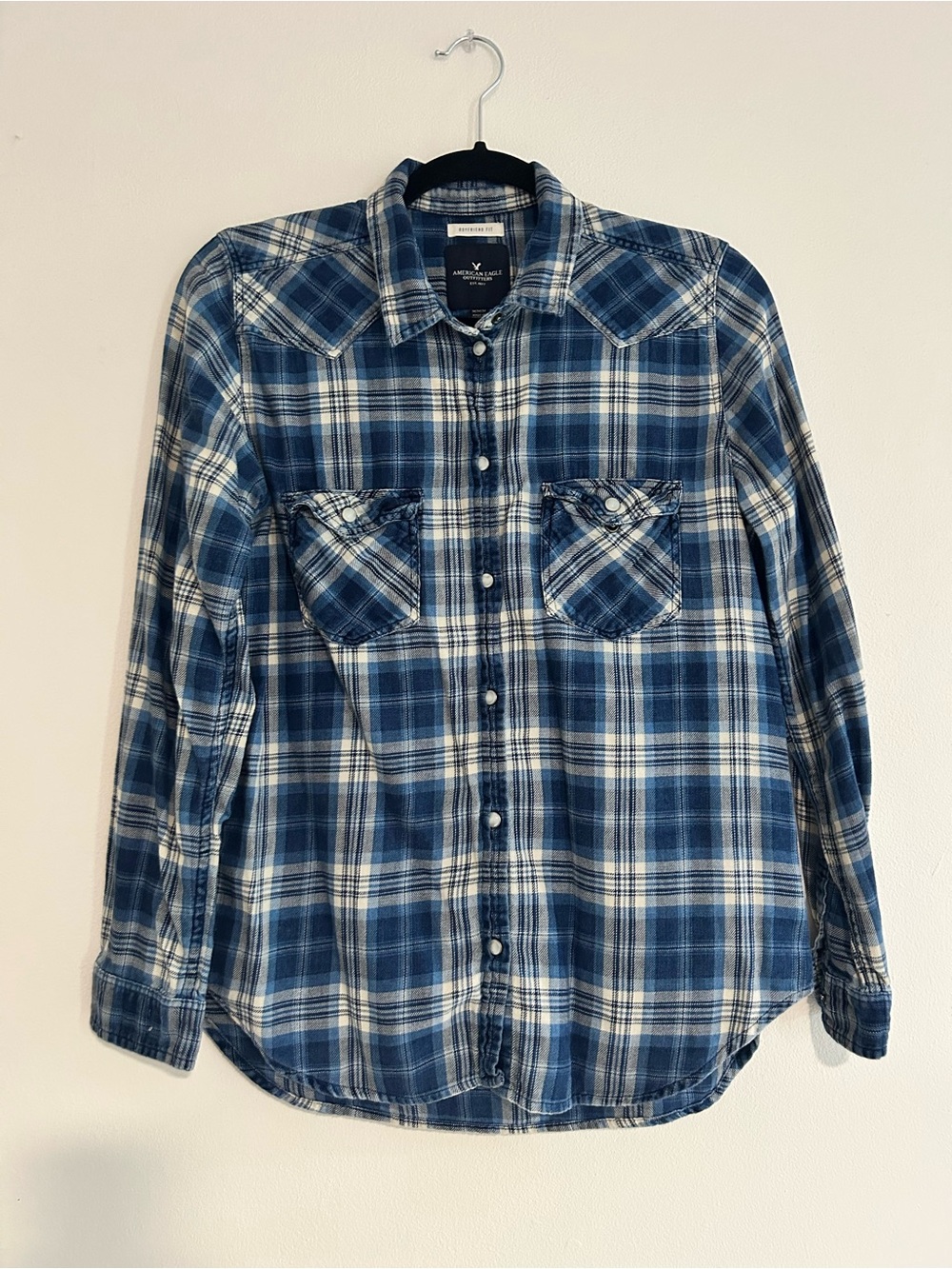 American Eagle Outfitters Blue and White Plaid Snap-Front Flannel Shirt